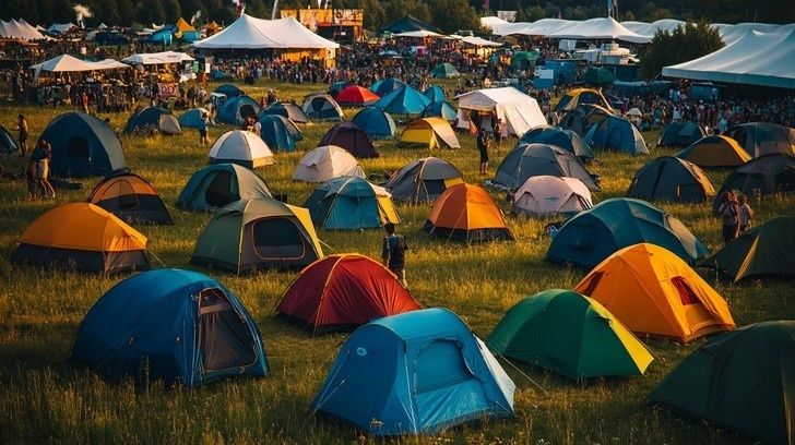Grote festivalcamping met kleurrijke tenten en drukke voorzieningen