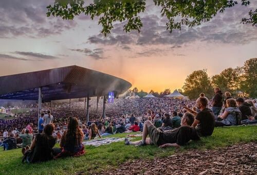 Festivalpubliek zit op een grashelling bij een openluchtpodium